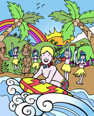Child is surfing the waves on a tropical island. Hula girls are on the shore as well as tiki idols. Palm trees, a rainbow, green hills and a setting sun are in the background.