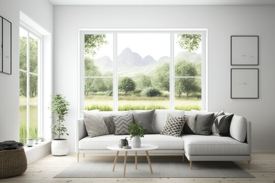 White living room with sofa and window view of summer landscape. Interior design in the Nordic style. Generative AI