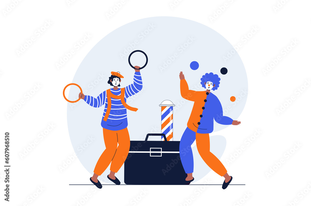 Poster circus web concept with character scene. clowns perform entertainment, juggle and show tricks on con