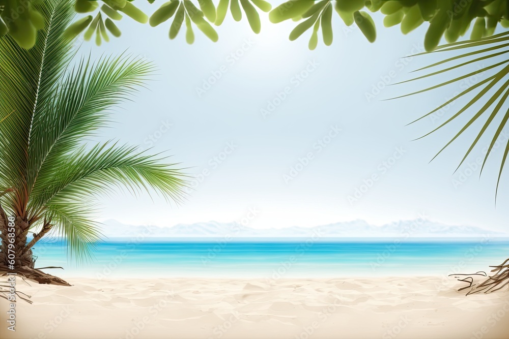 Poster Tropical fine sandy beach with hazy sea backdrop and blank room for product advertising Summertime relaxation in the background. Generative AI