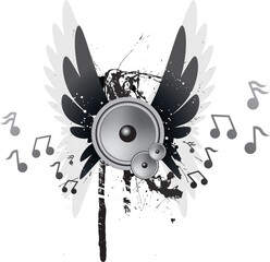 A grungy composition with speakers playing music, wings, and splatter elements.