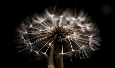  a dandelion is blowing in the wind on a black background.  generative ai