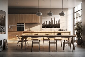 A side view of a kitchen's interior shows a dining table with chairs around it. On a wooden portion of the wall, there is a sizable vertical poster. a mockup Toned picture. Generative AI