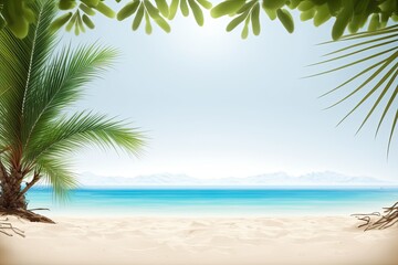 Obraz na płótnie Canvas Tropical fine sandy beach with hazy sea backdrop and blank room for product advertising Summertime relaxation in the background. Generative AI