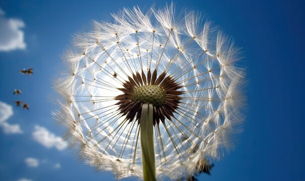  a dandelion in the air with a blue sky in the background.  generative ai