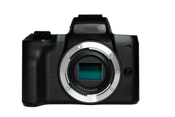 Photo camera body with zoom lens isolated on white background. Media technology and photography concept, photography equipment, camera matrix board. Digital SLR camera, dslr camera, photography, 