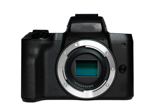 Photo camera body with zoom lens isolated on white background. Media technology and photography concept, photography equipment, camera matrix board. Digital SLR camera, dslr camera, photography,  - Powered by Adobe