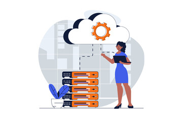 Cloud data center web concept with character scene. Woman working with cloud computing and database service. People situation in flat design. Illustration for social media marketing material.