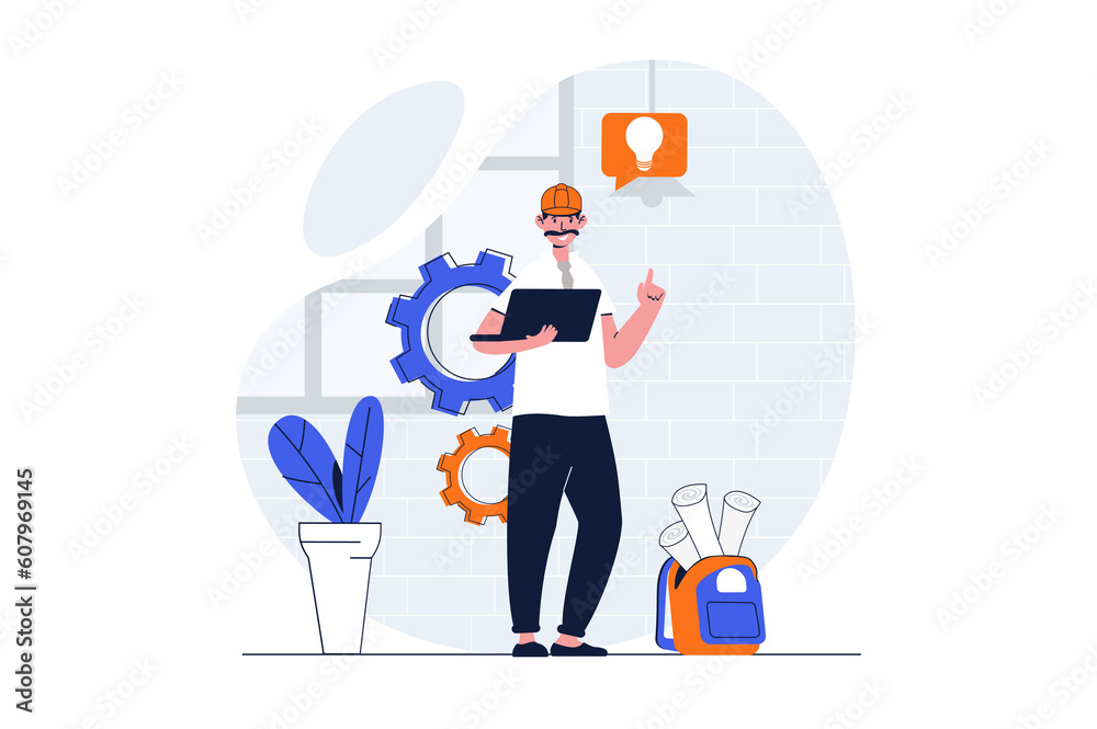 Wall mural construction engineer web concept with character scene. man generates ideas and creating building bl