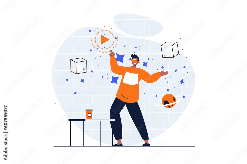 Leinwandbilder Cyberspace web concept with character scene. Man in VR glasses interacting with 3d objects in virtual reality. People situation in flat design. Illustration for social media marketing material.