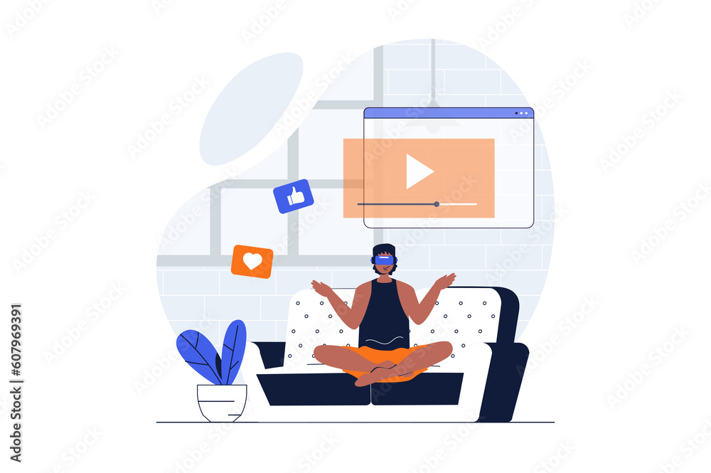 Leinwandbilder cyberspace web concept with character scene. man in vr glasses watching video on screen in virtual r