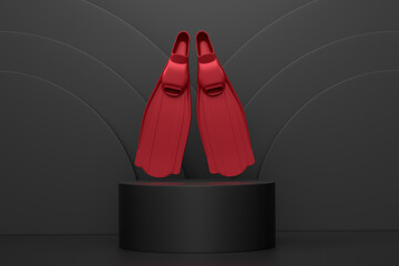 Diving flippers for snorkeling on cylinder podium with step on monochrome © Vasyl Onyskiv