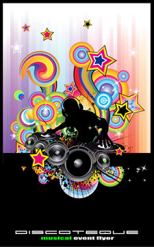 Rainbow Techno Discoteque Flyer with Abstract DJ silhouette.