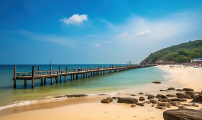 Fototapeta premium a long wooden pier on a beach next to the ocean. generative ai