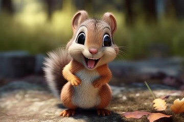 3D baby squirrel smiling in the garden