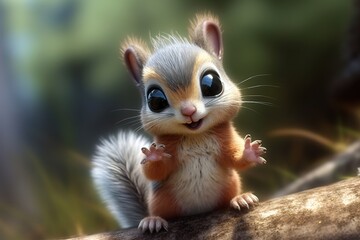 3D baby squirrel smiling in the garden