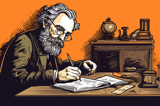 Doodle inspired Historian writing an article, cartoon sticker, sketch, vector, Illustration