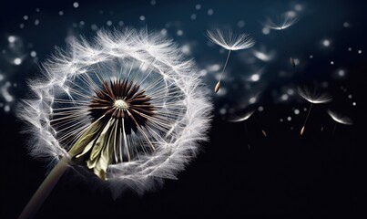  a dandelion blowing in the wind on a dark background.  generative ai