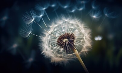  a dandelion with seeds blowing in the wind on a dark background.  generative ai