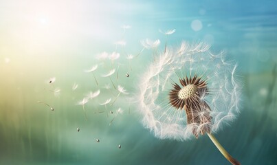  a dandelion blowing in the wind on a sunny day.  generative ai