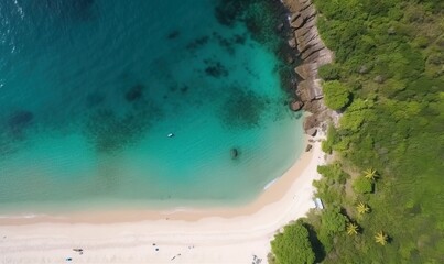  an aerial view of a beach with a boat in the water.  generative ai
