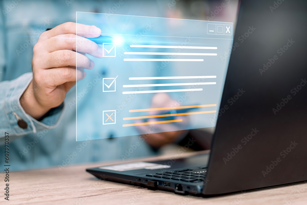 Poster business performance checklist. businessman using laptop to do online checklist survey, doing assess