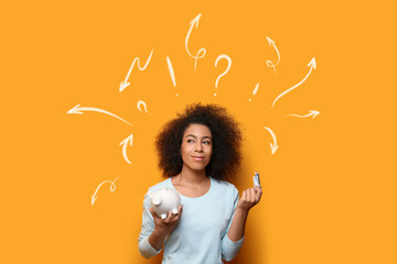 Thoughtful African-American woman with money and piggy bank on yellow background