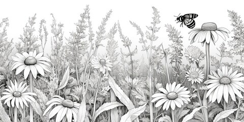 AI Generated. AI Generative. Illustration of coloring book with wildflowers garden. Kids adult meditation drawing color. Graphic Art - obrazy, fototapety, plakaty