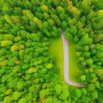 the ride of a moving car on a winding road, like a long exposure of a drone, a trip in the evening in a green summer forest.