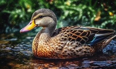  a duck with a yellow beak is swimming in the water.  generative ai