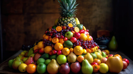 Fruit pyramid made of fresh fruits on grey background. Healthy food concept.