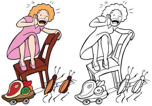 Cartoon image of a lady frightened by house pests - color and black/white versions.