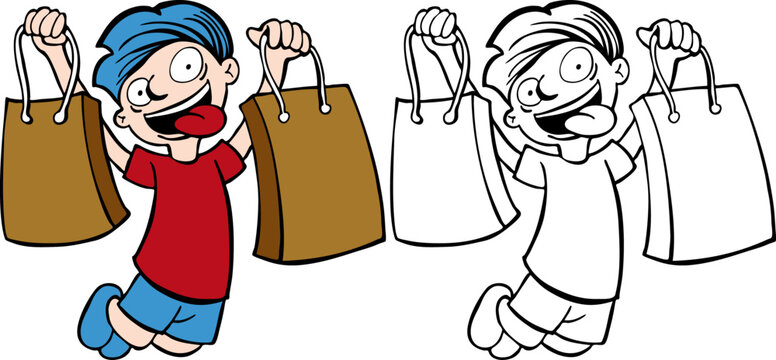 Cartoon image of a happy shopper - color and black/white versions.
