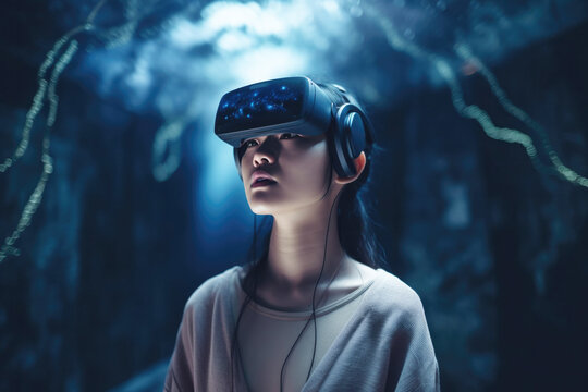 Asian woman wearing a virtual reality headset in mystical world.  Generative AI