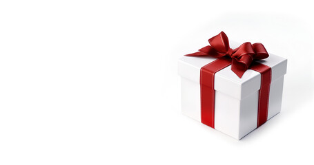 Obraz premium Gift box tied with a ribbon on a white background, with place for greeting. AI generated