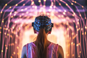 Woman wearing a virtual reality headset in metaverse world.  Generative AI