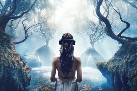 Woman wearing a virtual reality headset in dreamy mystical world.  Generative AI