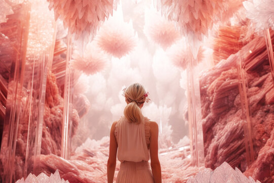 Woman wearing in dreamy crystal world.  Generative AI