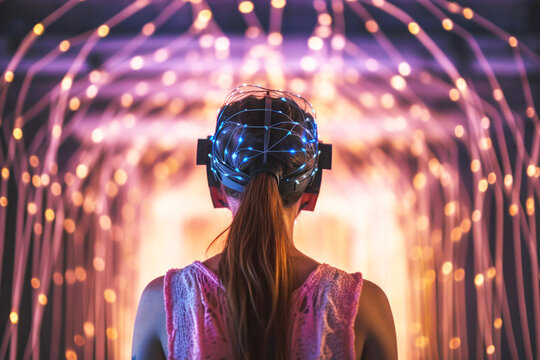 Woman wearing a virtual reality headset in metaverse world.  Generative AI