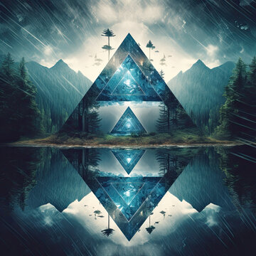 Triangle reflexion in the forest lake. Sacred geometry abstraction. AI generated