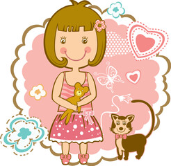 A cute illustration of a young girl and a small brown cat with artistic designs on a white background.
