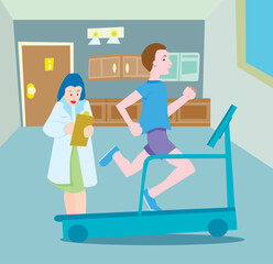 Man runs on treadmill while being documented by coach/physician.