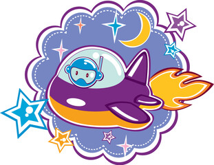 Illustration of spaceman in spaceship surrounded by stars and moon, isolated on white background.