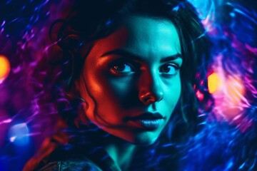 young woman with brown curls surrounded by lights created with Generative AI technology