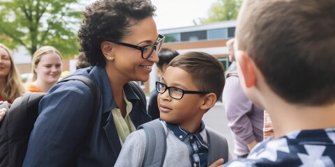 Obraz premium A child experiencing the first day of school in kindergarten or preschool. Showing the emotion of the day - Generative AI 