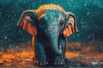 A baby elephant standing on the ground with rain