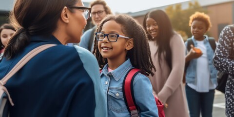 Obraz premium A child experiencing the first day of school in kindergarten or preschool. Showing the emotion of the day - Generative AI 