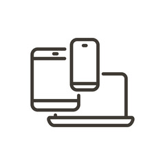 Vector linear stroke thin line icon of a laptop, a smartphone and a tablet. Responsive web design