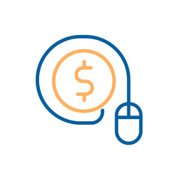 Vector linear stroke thin line icon of a computer mouse connected to a dollar sign on a circle representing pay per click (ppc)