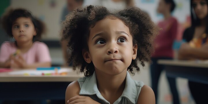 A child experiencing the first day of school in kindergarten or preschool. Showing the emotion of the day - Generative AI 